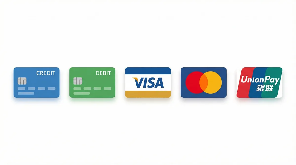 大象传媒支持的支付方式图标-信用卡借记卡银联维萨万事达